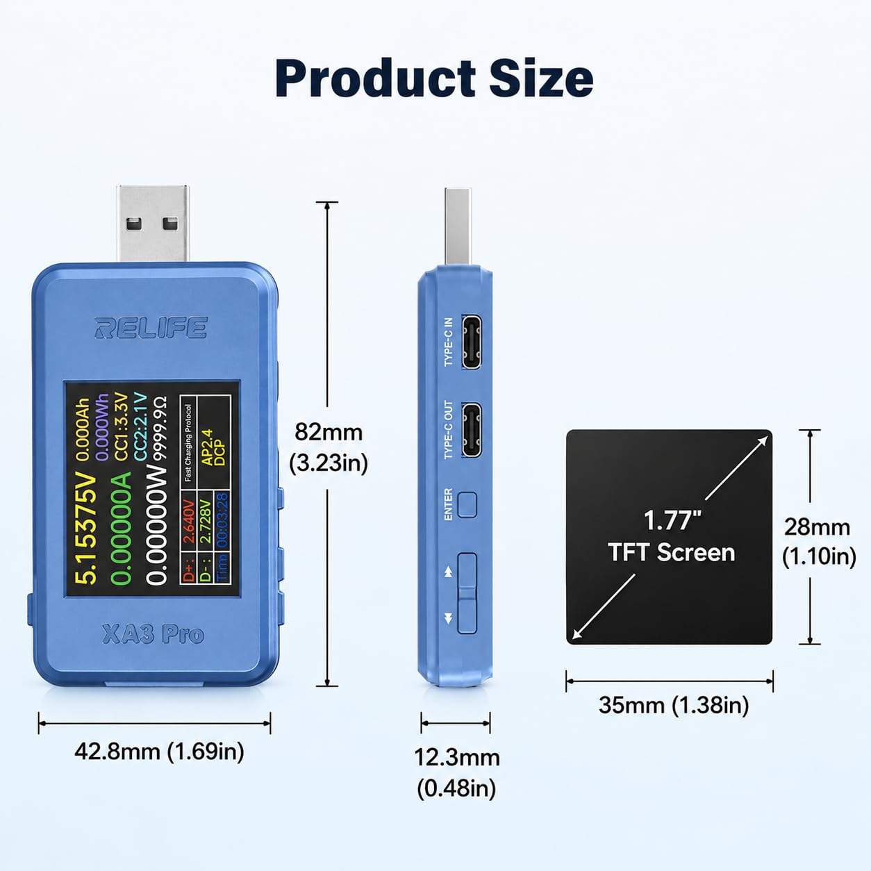 diymore USB Tester 4-24V 6,5A, USB-C Messgerät mit 1,77 Zoll TFT-Farbdisplay, Spannungs-, Strom- und Leistungsmesser, 0,00001 V/A/W, PD/QC-Erkennung, Ripple- & Kabelwiderstand-Test 9