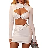 XinFSh Women's Sexy Two Piece Skirt Set Long Sleeve Crop Top Cut Out Twist Front Bodycon Mini Dress Party Club Outfits