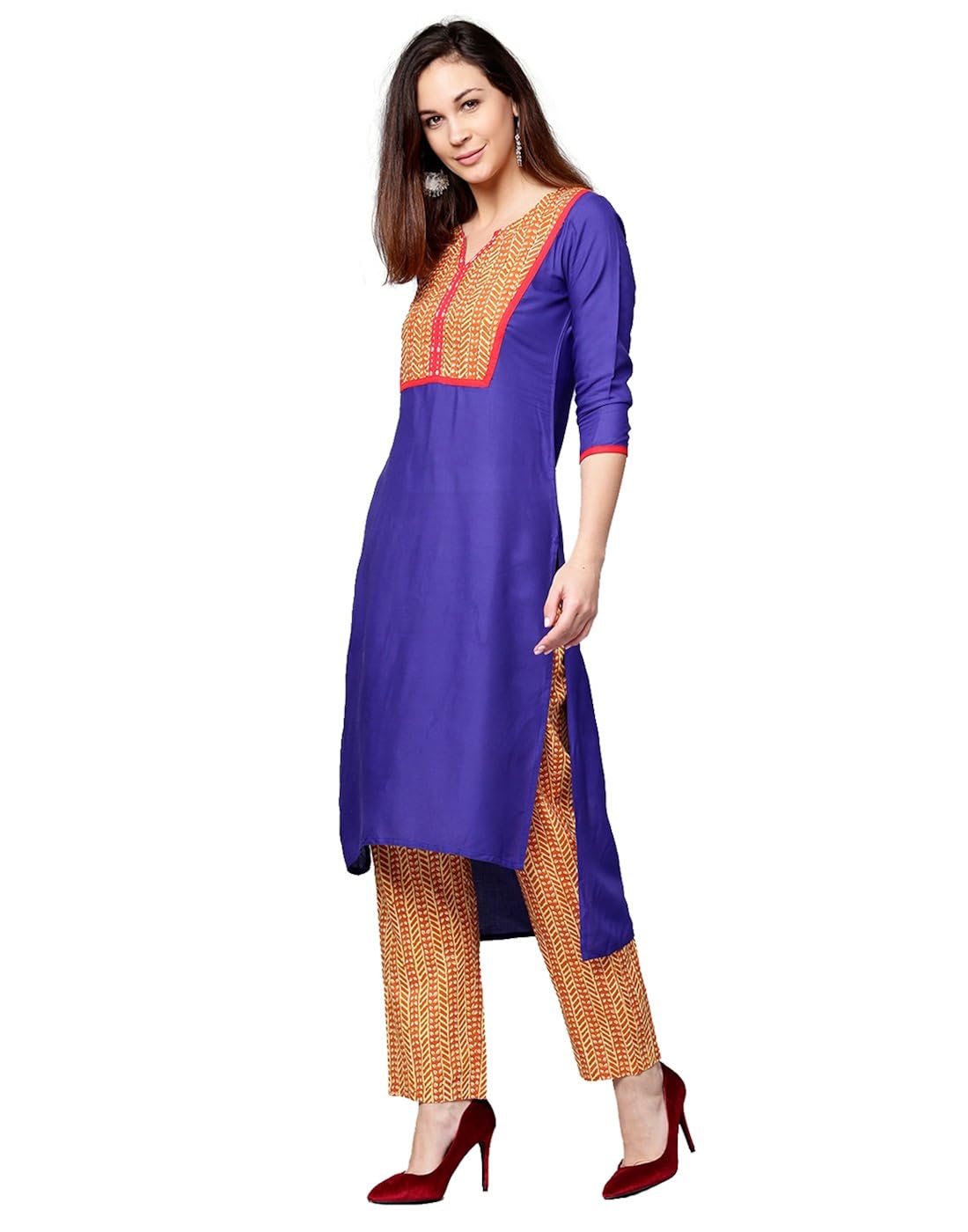 jaipur kurti women blue & mustard solid straight cotton kurta with palazzo