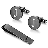 LOYALLOOK Black Initial J Cufflinks and Tie Clip