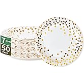 CENLBJ Gold Dots Party Paper Plates, 50 PCS Disposable Party Supplies Dessert Paper Plates for Birthday,Wedding Birdal Christmas Baby Shower (7 inches)