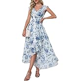 Womens V Neck Floral Print Ruffle Maxi Party Dress A-Line Summer High Low Flowy Wedding Guest Cocktail Dress