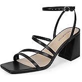 Modatope Women Heeled Sandals Strappy Heels Square Open Toe Chunky Block Heels Ankle Strap Sandals for Women Comfortable Heels