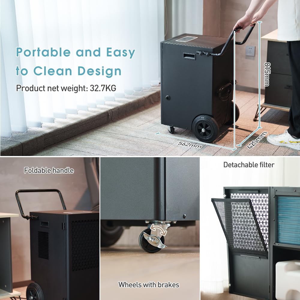 iOCHOW 70L / Tag Industriellen Elektrischer Luftentfeuchter: Fläche 200m2 / 500m3 Bautrockner keller, 24Hr Timer Raumentfeuchter Trocknungsgerät, Tragbarer Entfeuchter Badezimmer mit 5,5L Wassertank 8