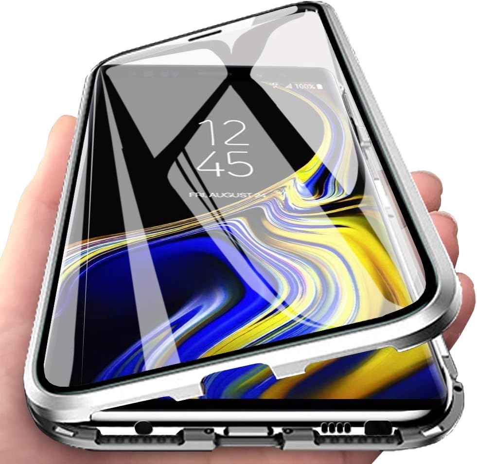 Eabuy Galaxy Note 9 Case, 360° Full Body Transparent Tempered Glass with Magnetic Adsorption Metal Bumper Case Cover for Samsung Galaxy Note 9 Silver