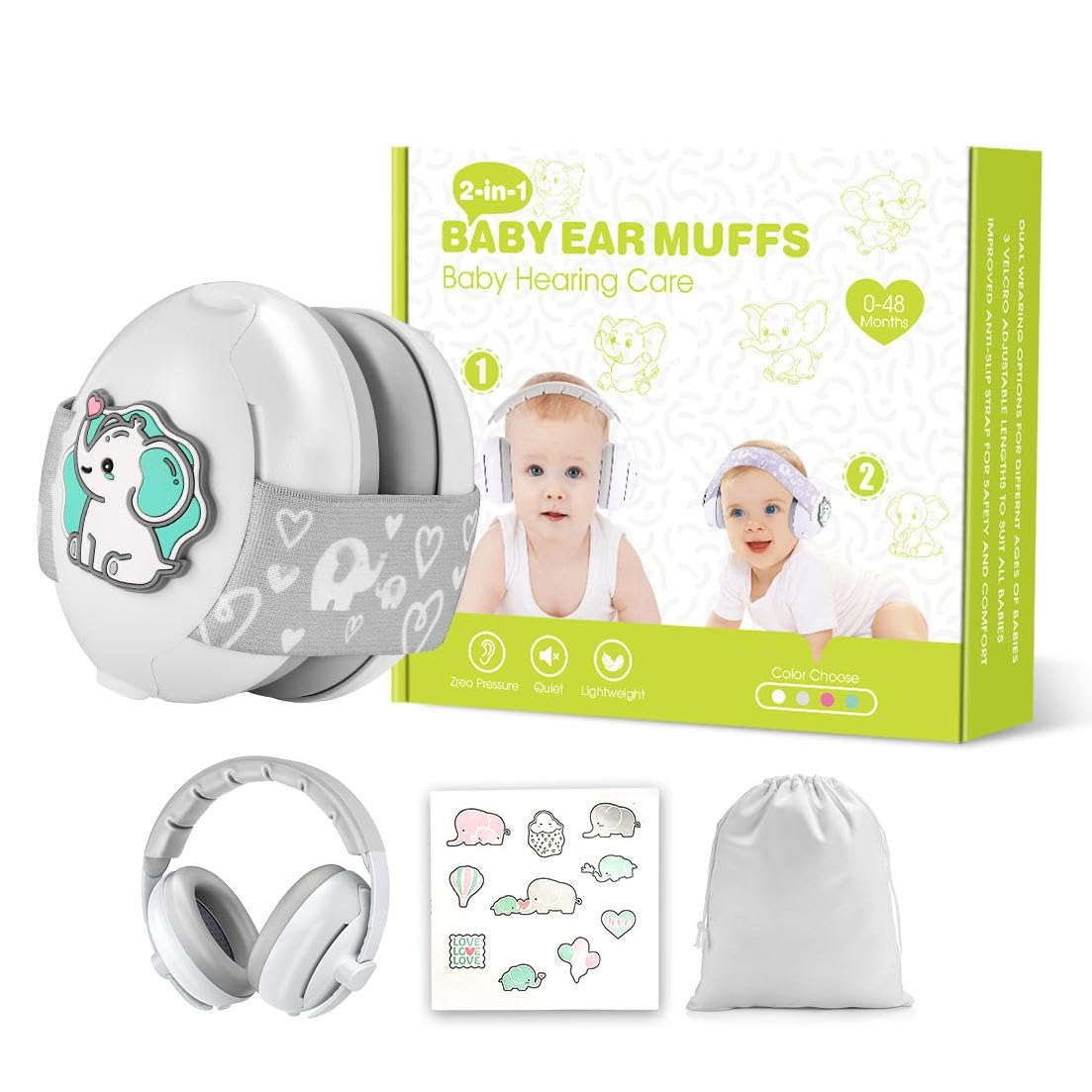 Photo 1 of 2-in-1 Baby Headphones for Noise, Adjustable Ear Muffs Noise Protection for Infant with Soft Band, Kids Noise Cancelling Headphones with Cute Elephant Stickers, Baby Travel Essentials for Outdoor