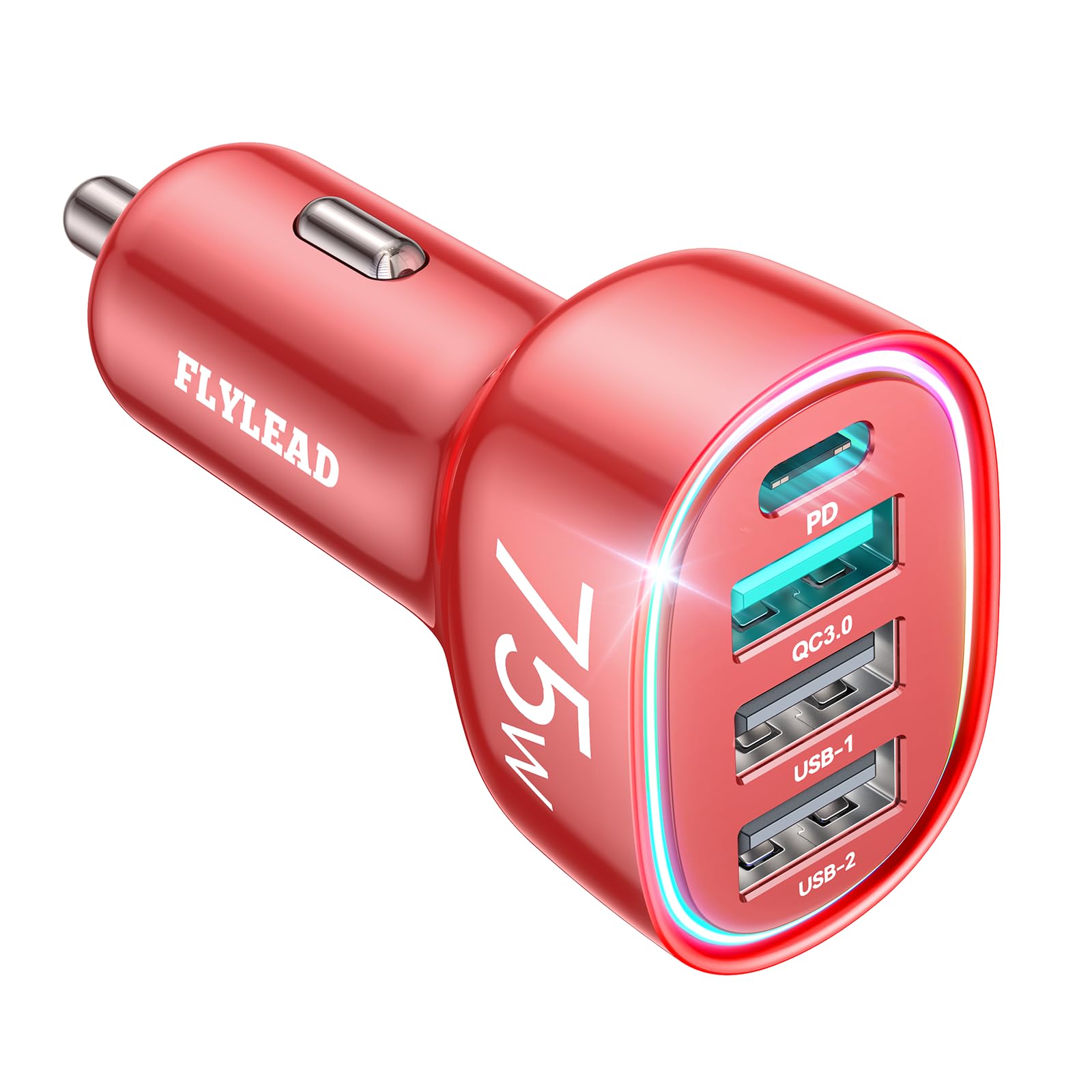 75W Car Charger USB C, 4 Port Super Fast Cigarette Lighter USB Charger, Type C 60W & QC 3.0 Multiport Car Phone Adapter Accessories for iPhone 17/16/15/14/13/12 Pro Samsung S26 Series, Android, Red
