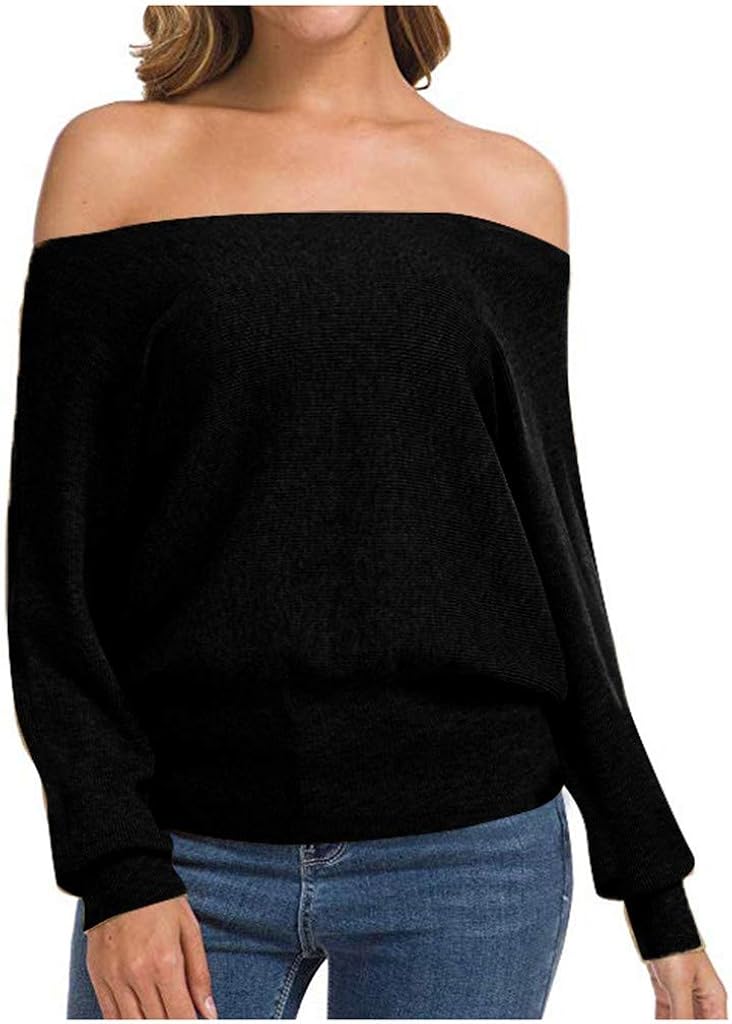 MEANIT Women's Off Shoulder Sweater Long Sleeve Loose Pullover Knit