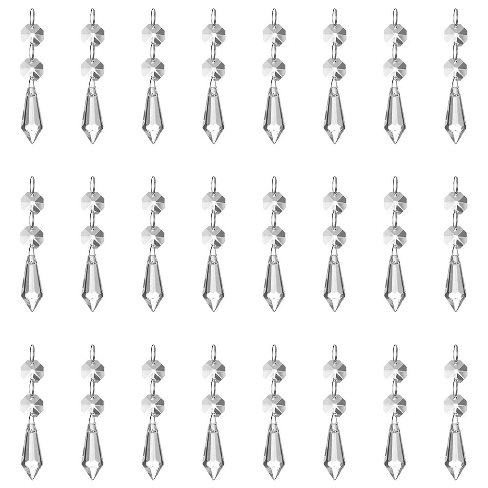 JaneYi 24 Pack 37mm Icicle Prism Crystal Pendant Clear Crystal Glass Chandelier Ice Drops Sun Catcher Hanging Pendant with Octagon Bead for Curtain Lamp Vase Garden Party Christmas Wedding Decor
