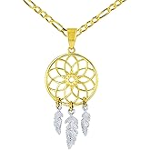 Solid 14K Two-Tone Gold Native American Dreamcatcher Charm Pendant Necklace