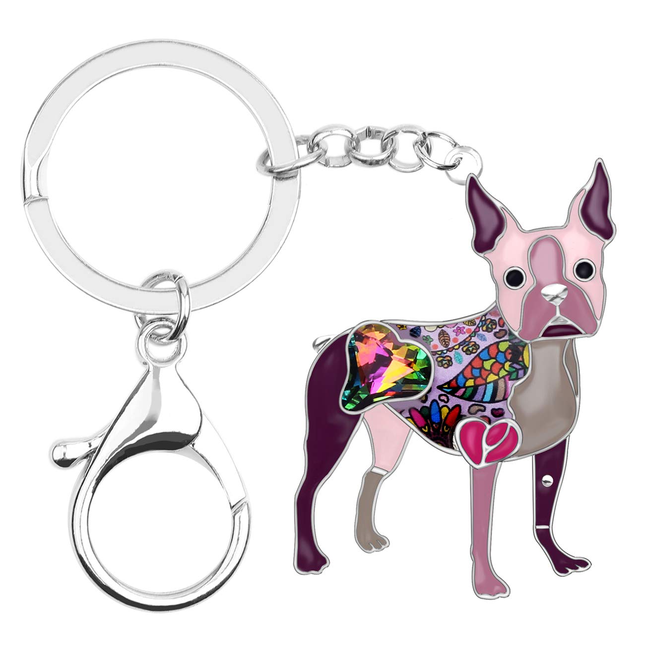 BONSNY Enamel Metal Heart Rhinestone Boston Terrier Dog Key Chains For Women Kids Car Purse bag Rings Charms Pets Gift (Purple)