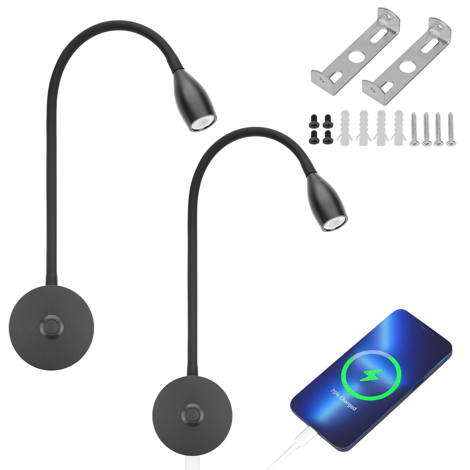 Photo 1 of 12V LED Reading Light RV Bedside Dimmable Reading Light with USB Charging Port 12 Volt Flexible Gooseneck Lamp for RV Boat Camper Van Travel Trailer Interior Lighting, 2 Pack