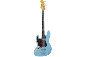 CNZ Audio JB Electric Bass Guitar - Left Handed - Daphne Blue, Basswood Body, Maple Neck, 3ply Red Tortoise Pickguard & Rosewood Fingerboard