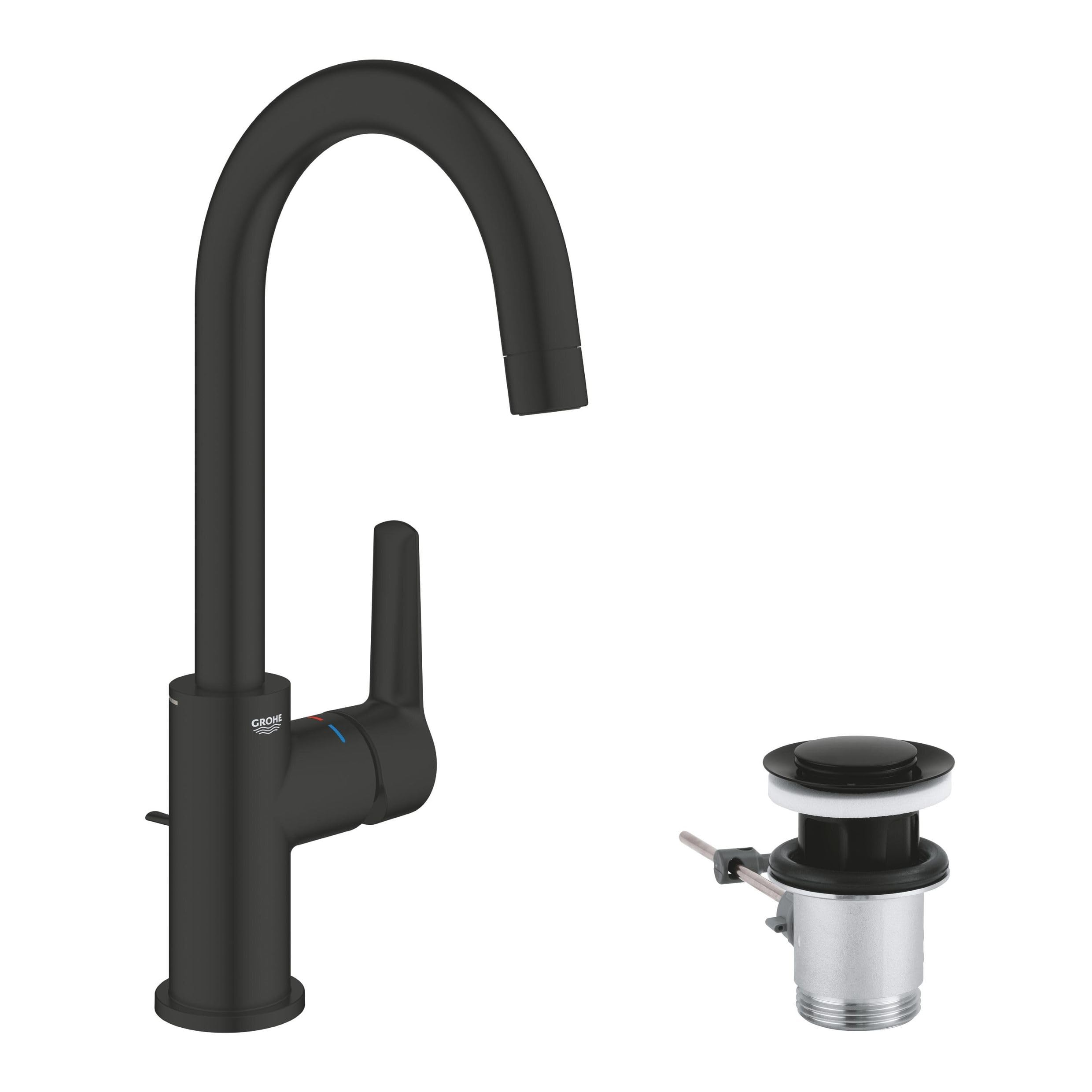 GROHE Start QuickFix – Basin Mixer Tap with Pop-Up Waste Set (L-Size 311mm, Swivel Spout, 28mm Ceramic Cartridge, Water Saving, Tails 3/8 Inch, Easy to Fit with GROHE QuickTool), Matt Black, 242032432