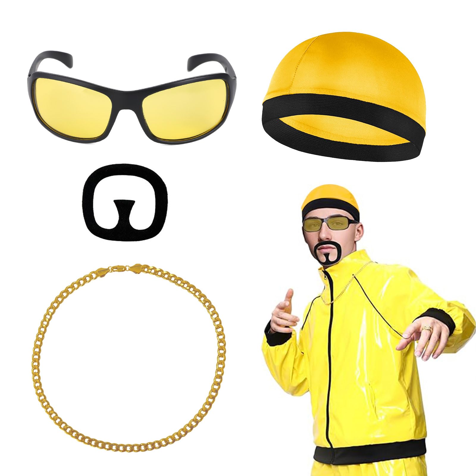 UILYNIU 4 Pieces 90s Celebrity Costume Yellow Shell Suit with Hat Sunglasses Gold Chain and Black Goatee Mens Fancy Dress Costume Men for Funny Rapper Halloween Party, Carnival (4 pcs)