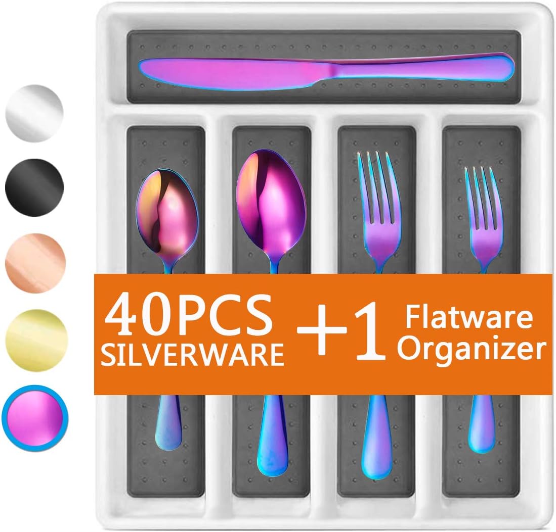 Rainbow 40-Piece Silverware Set, Flatware Set with Organizer Mirror Polished, Dishwasher Safe Service for 8, Include Knife Fork/Spoon with 5-Compartment Non Slip Drawer Organizer Box Tray?Rainbow?