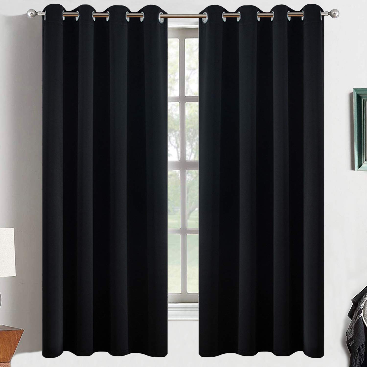 Yakamok Black Out Curtains 63 Inch Length for Bedroom-Black Thermal Insulated Drapes with Grommets Top Window Treament Curtain for Living Room,52 x 63 inch, Black, 2 Panels Set