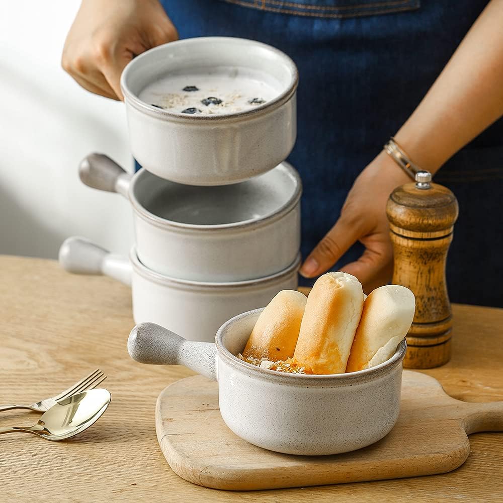  | KOOV French Onion Soup Bowls With Handles Microwave Safe, 15 Oz Ceramic Soup Crocks for Oatmeal, Cereal, Stew, dessert, Reactive Glaze Set of 4 (Variable Grey): Soup Bowls