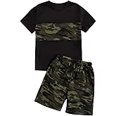 SHENHE Boy's 2 Piece Outfits Color Block Camo Print Short Sleeve T Shirt and Shorts Set