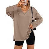 Trendy Queen Womens Oversized Long Sleeve T Shirts Side Slit Workout Tops Fall Fashion Plus Size Gym V Neck Basic Y2k Tees