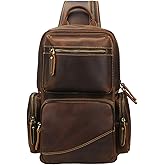 LANNSYNE Vintage Full Grain Leather Chest Sling Bag Fits 10.5 iPad Crossbody Single Strap Backpack for Men