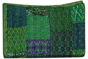 Rajasthaniartdecor Indian Handmade Vintage Silk Sari Patola Ethnic Reversible Blanket Bedspread Throw Stitch Patchwork Kantha Quilt (Green, Poster 40x60 Inch)