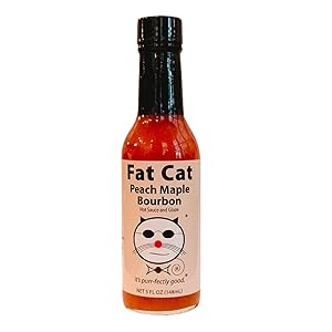 Peach Maple Bourbon Hot Sauce and Glaze by Fat Cat Gourmet, Medium Heat, Preservative-Free, Gluten-Free, One 5 oz. glass bottle