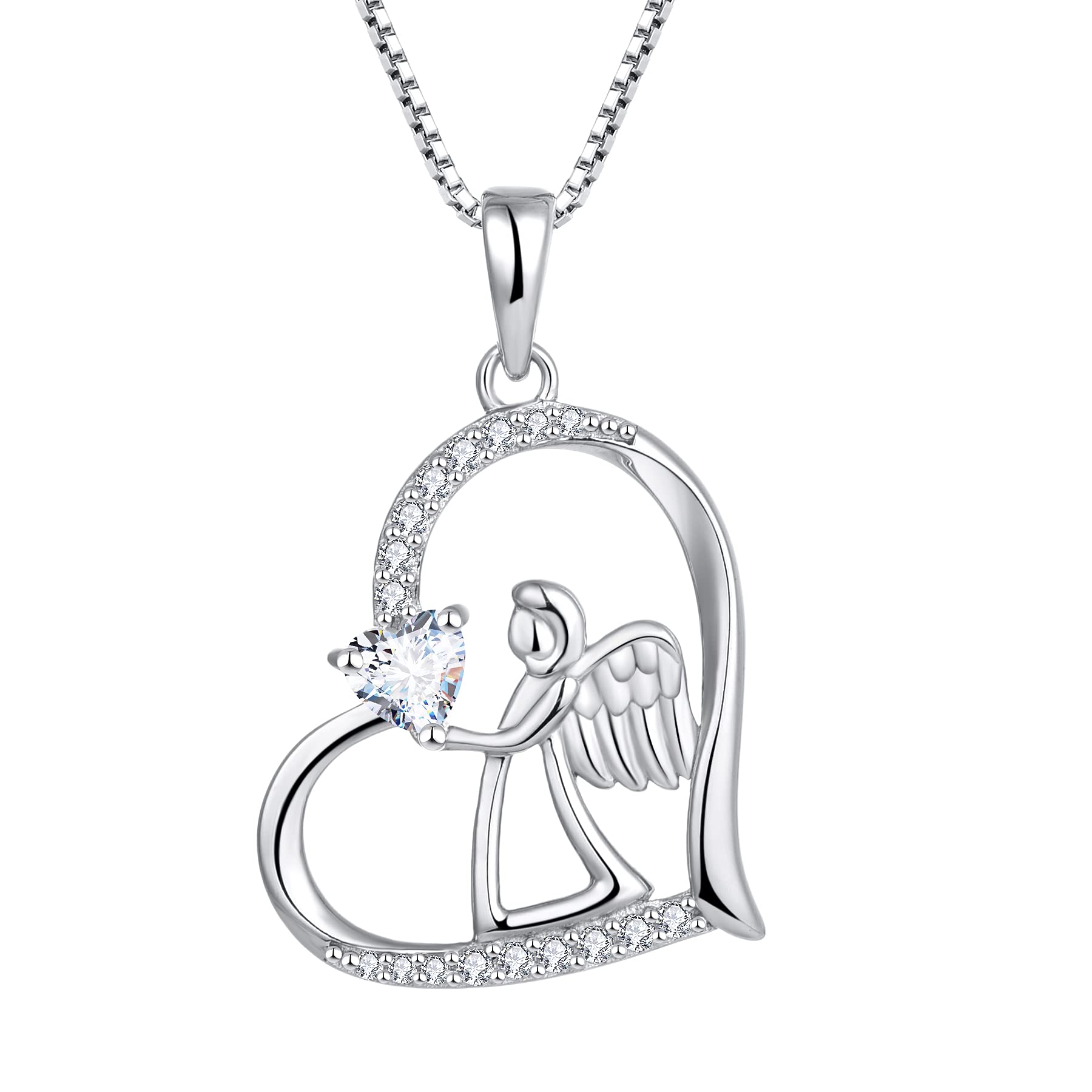 FJ Heart Guardian Angel Necklace 925 Sterling Silver Angel Wing Pendant Cubic Zirconia Necklace April Birthstone Jewellery for Women