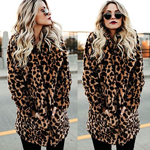 YOMXL Vintage Women Leopard Jackets Soft Plush Lapel Faux Fur Cardigan Winter Warm Side Pocket Jumper Coat