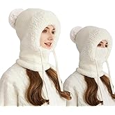 3 in 1 Beanie Hat for Women, Womens Balaclava Winter, Wind-Resistant Scarf Face Mask Hooded, Cover for Outdoor Skiing Hiking