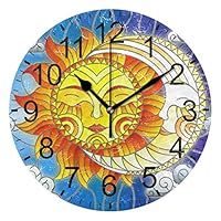 LUCASE LEMON ALEX Stained Glass Sun Moon Clouds Round Acrylic Wall Clock Non Ticking Silent Clocks for Home Decor Living Room Kitchen Bedroom Office School