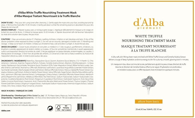 d'alba Mascarilla de tratamiento nutritiva con trufa blanca italiana, mascarilla vegana, nutritiva y calmante para pieles secas y cansadas, skincare coreano (5 piezas)