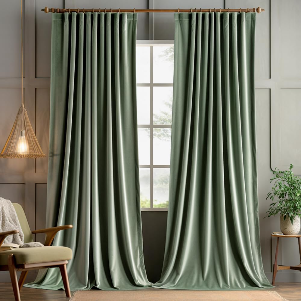Photo 1 of MIULEE Sage Green Velvet Curtains 84 inches 2 Panels - Pinch Pleated Luxury Room Darkening Window Drapes for Bedroom Living Room Blackout Thermal Insulated Super Soft, Back Tab Rod Pocket, W52 x L84
