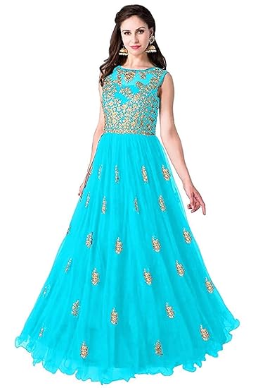 DR creation ADITYA Fashion Multi Color Heavy Soft Net Fabric Embroidery Work Round Neck Sleevesless Long Semi Sticthed Gown For Women