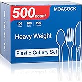 MOACOCK 500 Count Extra Heavy Duty Plastic Silverware, 200 Forks, 200 Spoons, 100 Knives, Disposable Plastic Cutlery Set for Parties, Picnics, Big Event, Daily Use