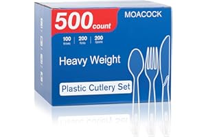 MOACOCK 500 Count Extra Heavy Duty Plastic Silverware, 200 Forks, 200 Spoons, 100 Knives, Disposable Plastic Cutlery Set for Parties, Picnics, Big Event, Daily Use
