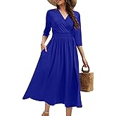 Church Dress for Women A-Line V Neck 3/4 Sleeve Everyday Cocktail Wedding Midi Casual Dresses with Pockets