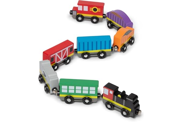 Melissa & Doug Wooden Train Cars, 8-Piece Magnetic Train Set with Toy Storage Tray, Steam Engine, Caboose, Coal & Passenger C
