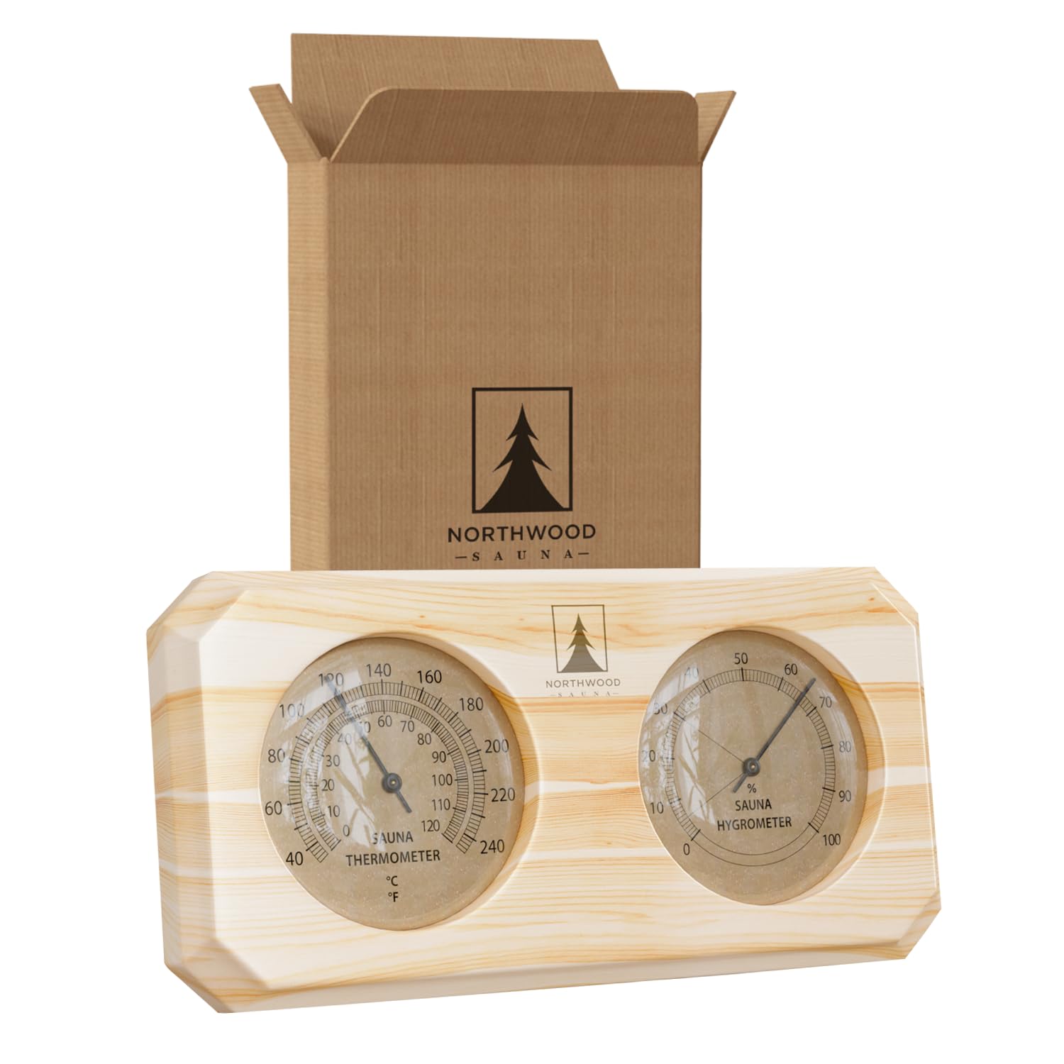 Photo 1 of Northwood Sauna - Sauna Thermometer and Hygrometer 2 in 1 - Fahrenheit & Celsius - Handmade from Finnish Pine Wood - Luxurious Golden Metal Dials