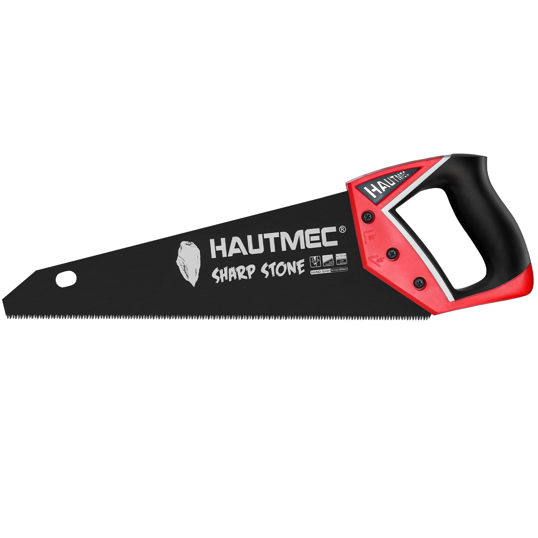 HAUTMEC 14" Pro Hand Saw, 11 TPI Fine Cuts Handsaw with Anti-Rust SK5 Steel Blade, Ergonomic Handle with Two Angles Marking Guide for Wood, Laminate,Branches, PVC, Sharp Stone Series - HT0301