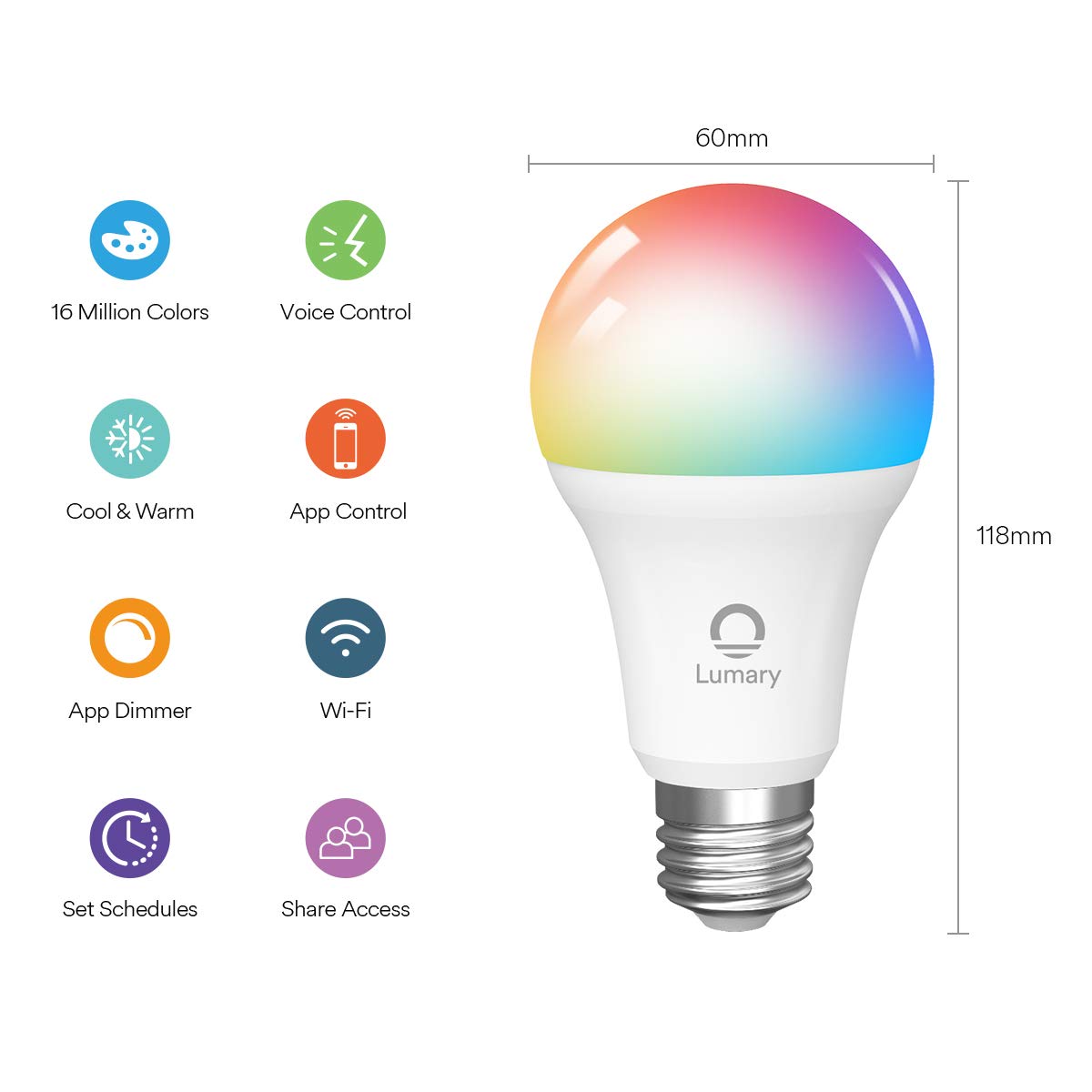 WiFi Smart Bulb Alexa, Lumary E27 9W Smart Light Bulb Compatible with Alexa, Google Home, Colour Dimmable RGBW 2700K-6000K Smart LED Bulbs, 60W Equivalent 806LM Remote Controlled No Hub Required