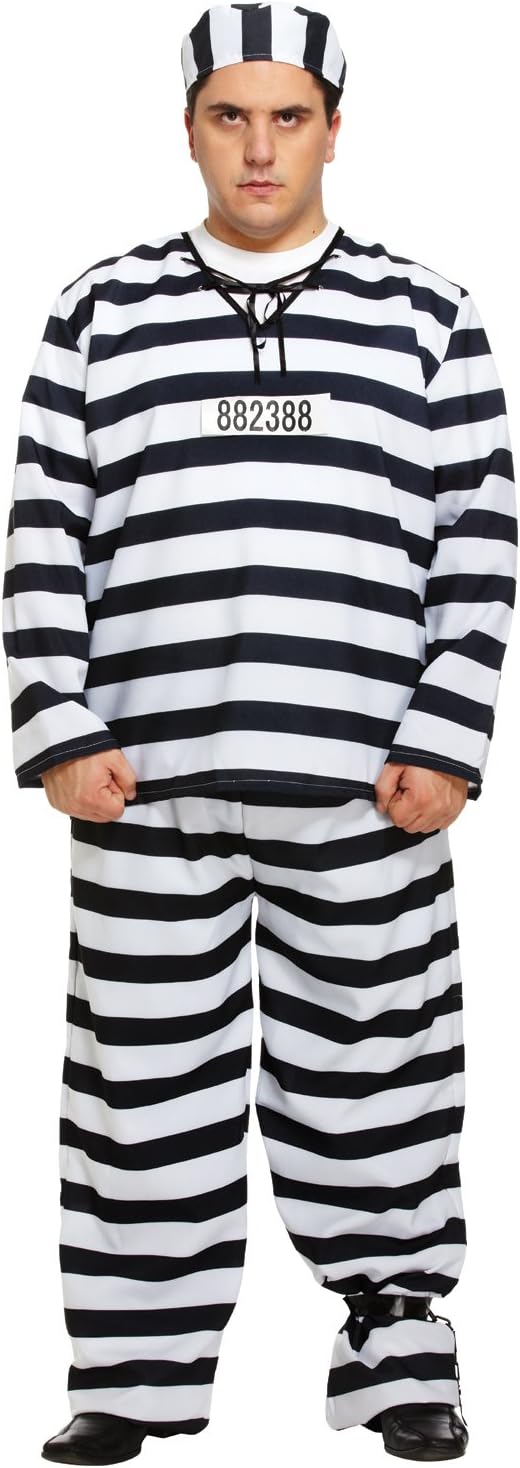 HENBRANDT Adult Men’s Black and White Prison Uniform with Hat XL Fancy Dress Costume Convict 3-Piece Prisoner Outfit Striped Jail Break Dress Up Outfit One Size Extra Large Mens Fancy Dress Costume