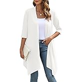 YSYOKOW Women's Open Front Cardigan Lightweight Soft Knit 3/4 Sleeve High-Low Draped Hem Loose Casual Duster(White, XX-Large)