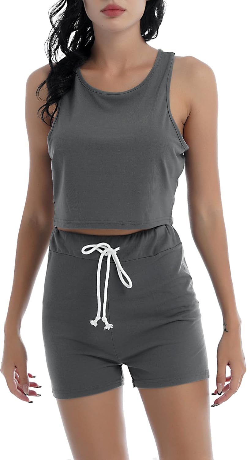 CHICTRY Damen Ärmellos BH Hemdchen Ohne Bügel Camisole Crop Top Kurz Bauchfrei High Waist Shorts