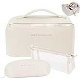 zaleeta 3 Pcs Travel Makeup Bag Portable Large Capacity Cosmetic Bags for Women Open Flat Makeup Case Organizer Bag Set of 3 Waterproof PU Leather Toiletry Bags with Divider and Handle (White, Medium)