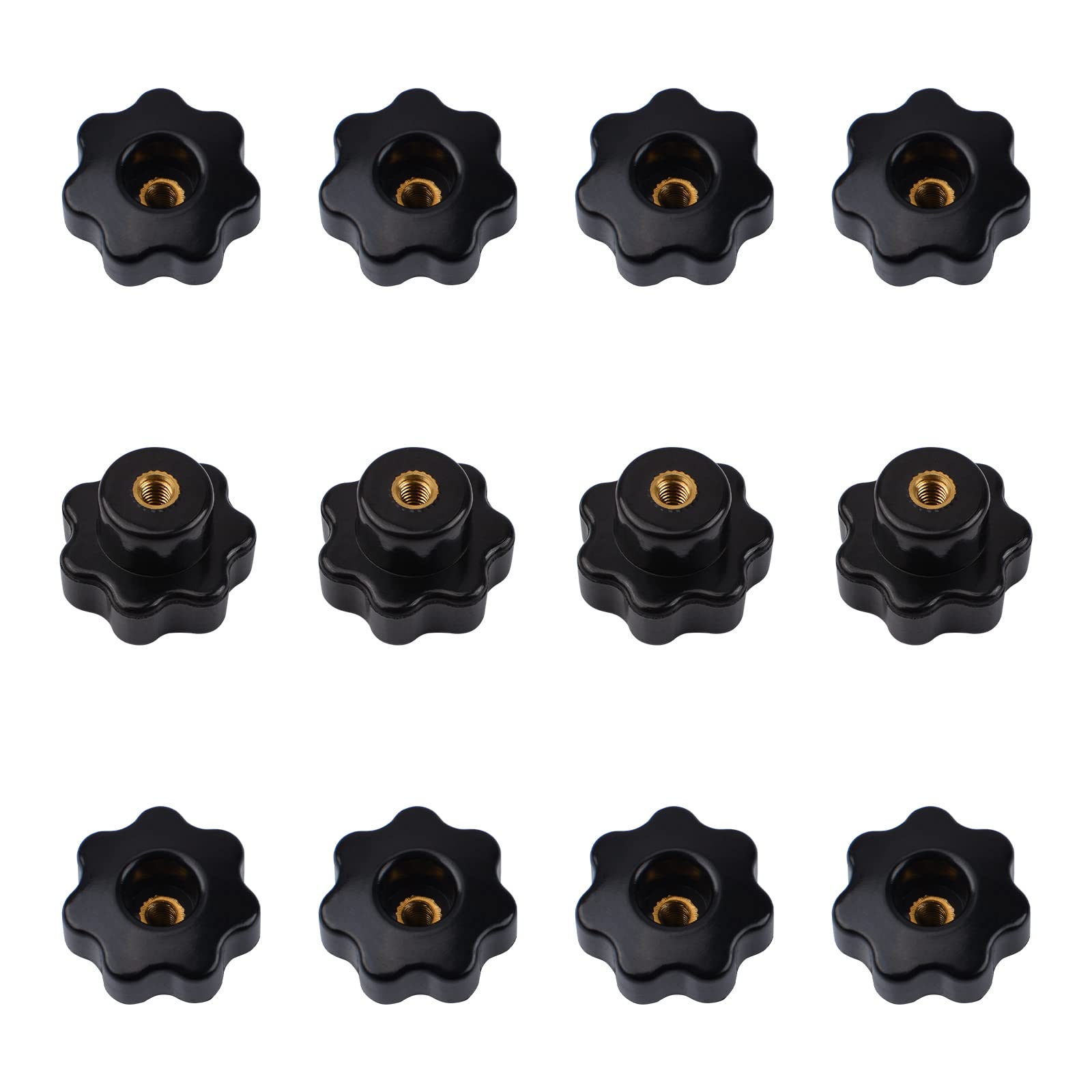 MOROBOR M4 Through Hole Knob 12pcs Black Plastic Through Hole Set Brass Female Threaded Nut, Star Shape Hand Knobs Black Plastic Screw-On Handle Clamping Knob for Mechanical Equipment