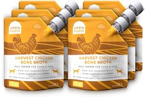 Open Farm Bone Broth, Food Topper for Both Dogs and Cats with Responsibly Sourced Meat and Superfoods Without Artificial Flavors or Preservatives, 72oz (6 Pack Harvest Chicken)