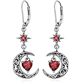 Flpruy Moon Star Birthstone Dangle Drop Earrings for Women 925 Sterling Silver Black Crescent Moon Celestial Heart Earrings Hypoallergenic Gothic Jewelry Birthday Gifts