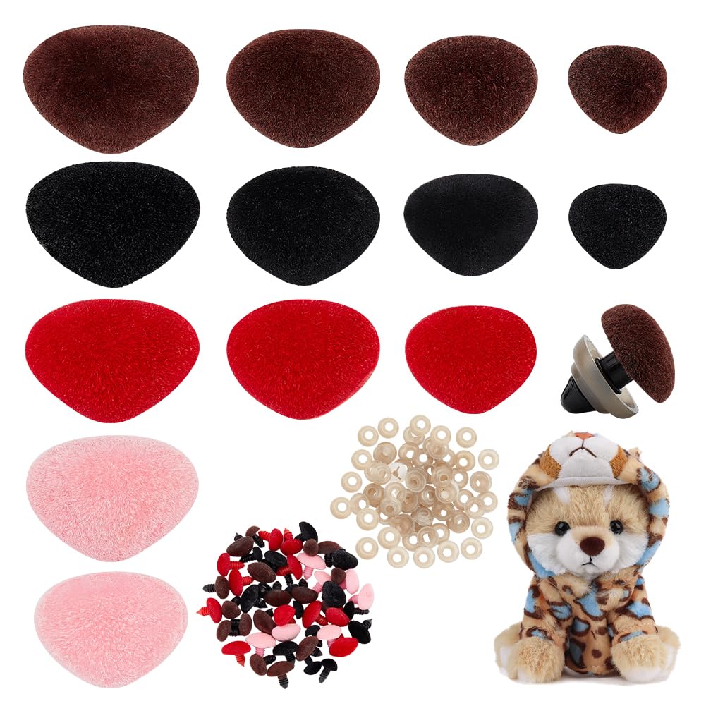 PH PandaHall 4 Colors Safety Noses 52pcs Triangle Crochet Noses Dog Teddy Bear Flocking Nose with Washers Animal Craft Nose for Puppet Plush Stuffed Amigurumi Crafts DIY Sewing
