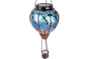 TEYIGARDEN Dragonfly Hot Air Balloon Solar Lantern, Glass Solar Hot Air Balloon Lantern with Flame Waterproof Hanging Outdoor Balloon Lamp for Garden Decor